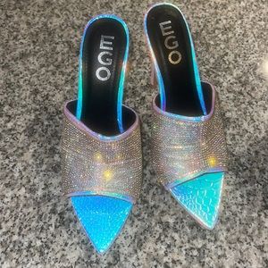 Iridescent mule heels with rhinestones